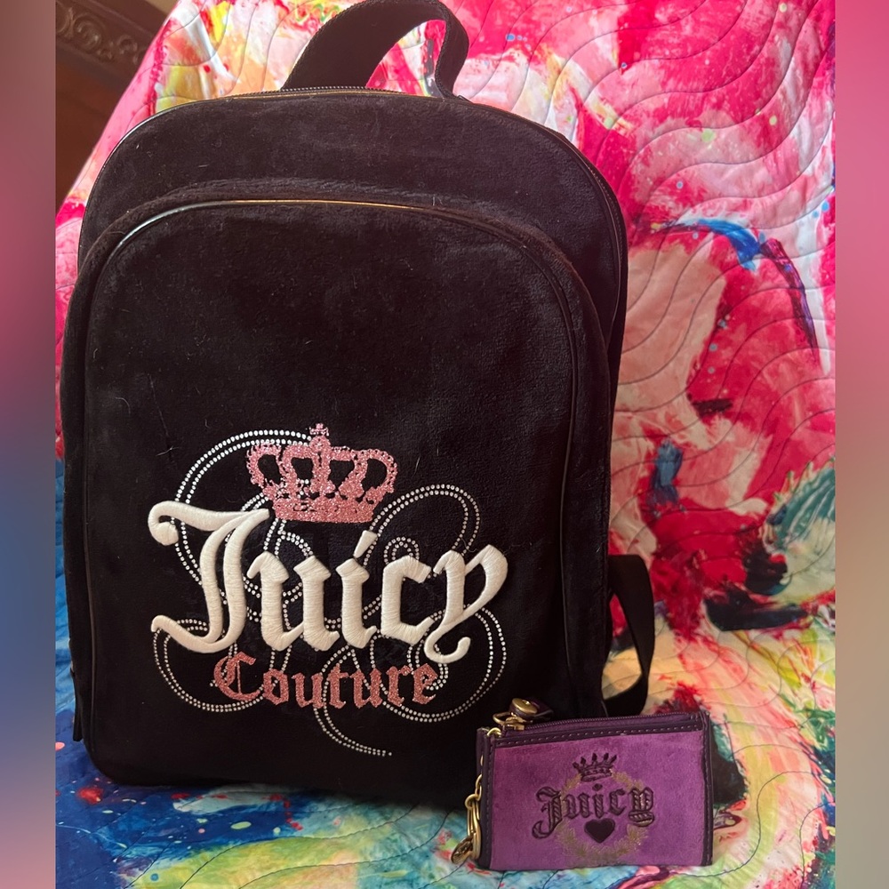 Juicy Couture Black Velour Backpack with purple coin key wallet